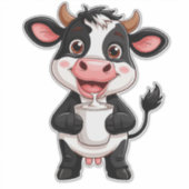 元気なキャラクターの牛が牛乳を飲む シール (正面)