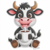 元気なキャラクターの牛が牛乳を飲む シール (正面)