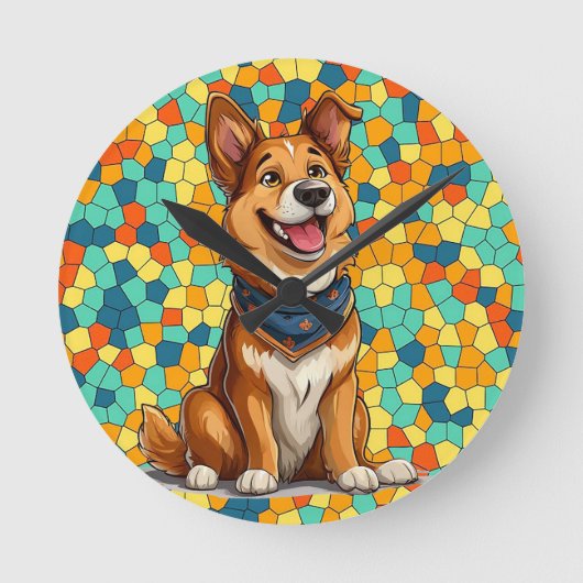 元気なキャラクター風の犬 ラウンド壁時計 (正面)