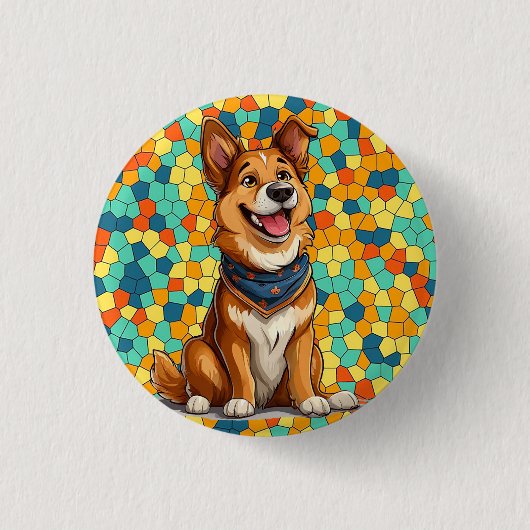 元気なキャラクター風の犬 缶バッジ (正面)