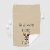 元気なコーギーの「Wagging for Birdies（バーディーのために尻尾を振る）」のデザイン ゴルフタオル (インサイチュ)
