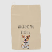 元気なコーギーの「Wagging for Birdies（バーディーのために尻尾を振る）」のデザイン ゴルフタオル (正面)