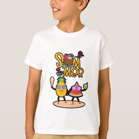 元気なハローサマー|カラフルな海洋動物 Tシャツ (正面)