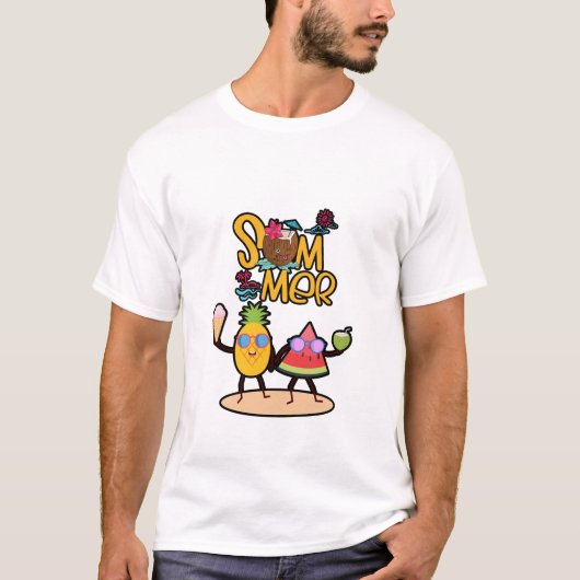 元気なハローサマー|カラフルな海洋動物 Tシャツ (正面)