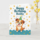 元気な子犬の誕生日カード カード (黄色い花)