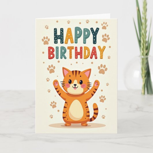 元気な猫の誕生日カード カード (正面)