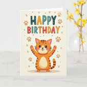 元気な猫の誕生日カード カード (黄色い花)