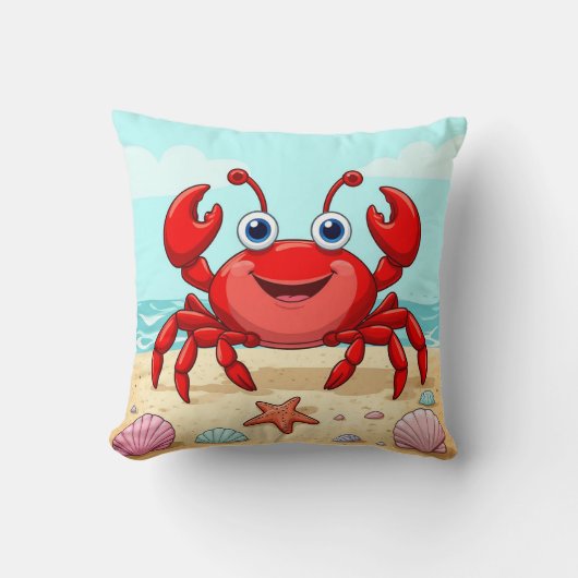 元気な赤いキャラクターのカニ かわいい貝殻 子供🦀 クッション (正面)