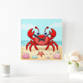 元気な赤いキャラクターのカニ かわいい貝殻 子供🦀 スクエア壁時計 (ホーム)