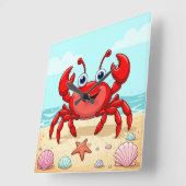 元気な赤いキャラクターのカニ かわいい貝殻 子供🦀 スクエア壁時計 (傾斜)