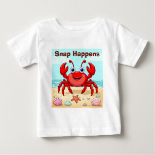 元気な赤いキャラクターのカニ かわいい貝殻 子供🦀 ベビーTシャツ