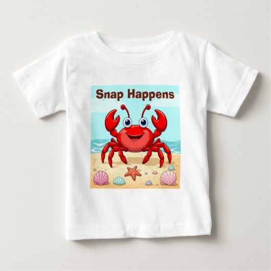 元気な赤いキャラクターのカニ かわいい貝殻 子供🦀 ベビーTシャツ (正面)