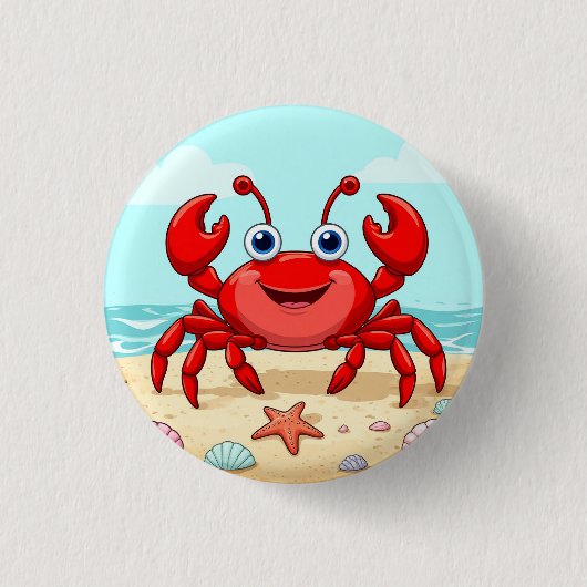 元気な赤いキャラクターのカニ かわいい貝殻 子供🦀 缶バッジ (正面)