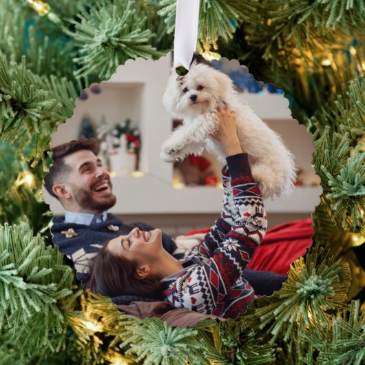 元気を出す |ネイビーブルークリスマスの写真 オーナメントカード (インサイチュ (木))