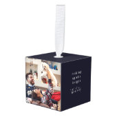 元気を出す |ネイビーブルークリスマスの写真 キューブオーナメント (正面アングル)