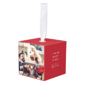 元気を出す |モダンクリスマスの赤い写真 キューブオーナメント (正面アングル)