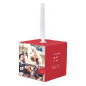 元気を出す |モダンクリスマスの赤い写真 キューブオーナメント (裏面アングル)