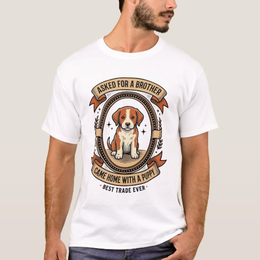 兄が欲しいと言ったら子犬をもらった Funny Puppy Tシャツ (正面)
