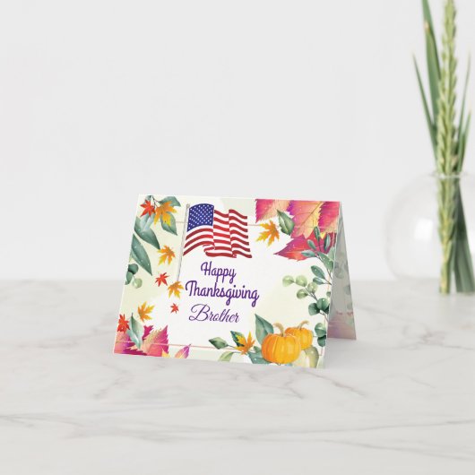 兄弟に感謝を伝える紅葉とアメリカ国旗の感謝祭 シーズンカード (正面)