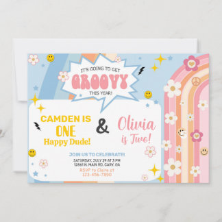 兄弟のGROOVYな男の子と女の子の誕生日招待状 招待状