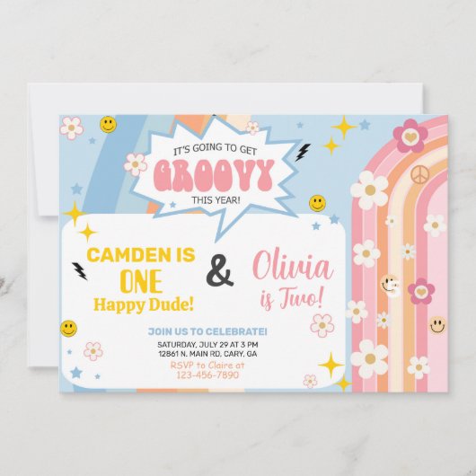 兄弟のGROOVYな男の子と女の子の誕生日招待状 招待状 (正面)
