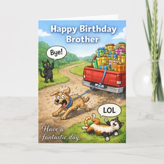 兄弟への誕生日カードに最適な面白い犬と猫 カード (正面)