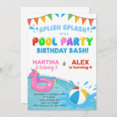 兄弟プールパーティーの誕生日招待状、ユニコーンボール。 招待状 (正面/裏面)