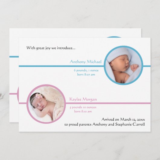 兄弟二人の写真出生発表 案内状 (正面/裏面)