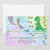 兄弟姉妹の人魚と恐竜の誕生日の招待状。 招待状 (正面/裏面)