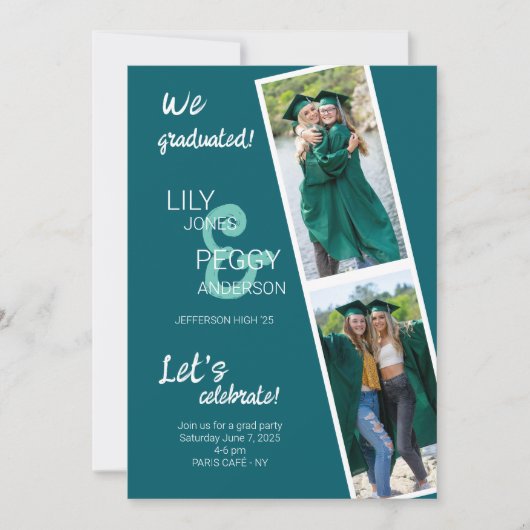兄弟姉妹や友人のためのダブル卒業写真 招待状 (正面)