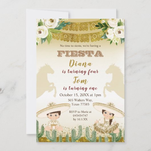 兄弟姉妹カクタスフィエスタメキシコ誕生日の招待状 招待状 (正面)