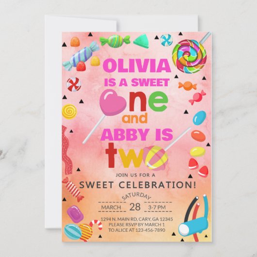 兄弟姉妹キャンディ甘い1甘い2人の女の子招待状。 招待状 (正面)