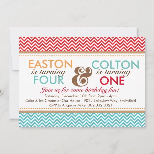 兄弟姉妹シェブロン(男の子)誕生日パーティーへの招待 招待状 (正面)