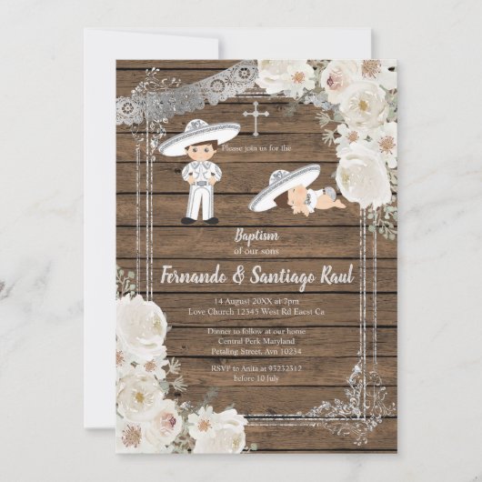 兄弟姉妹シルバーフィエスタボーイバプテスマ誕生日 招待状 (正面)