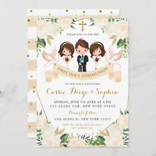兄弟姉妹スペインのボーイガールファースト聖餐式 招待状 (正面/裏面)