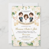 兄弟姉妹スペインのボーイズ女の子ファースト聖餐式 招待状 (正面)