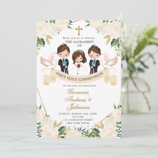 兄弟姉妹スペインのボーイズ女の子ファースト聖餐式Inv 招待状 (スタンド正面)