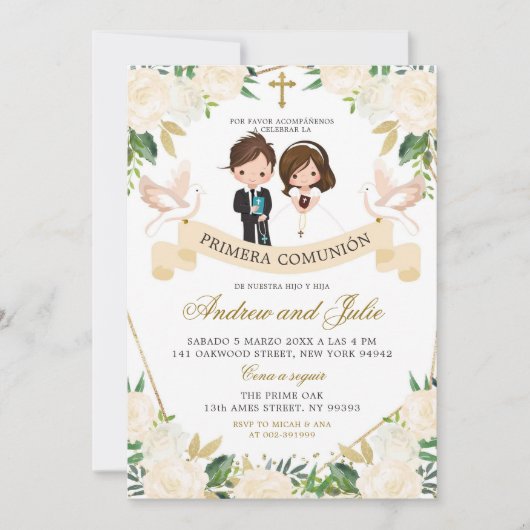 兄弟姉妹スペインの男の子と女の子の最初の聖餐式 招待状 (正面)