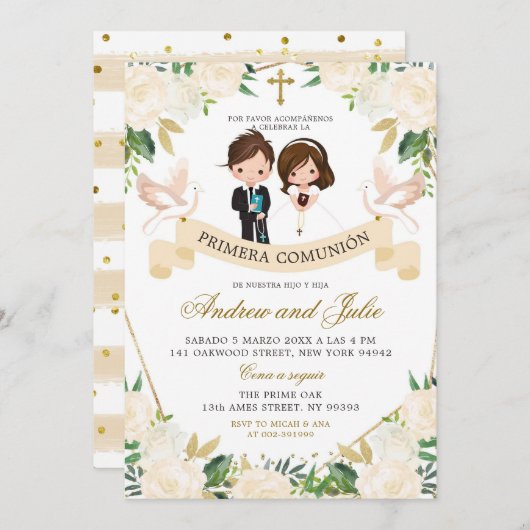 兄弟姉妹スペインの男の子と女の子の最初の聖餐式 招待状 (正面/裏面)