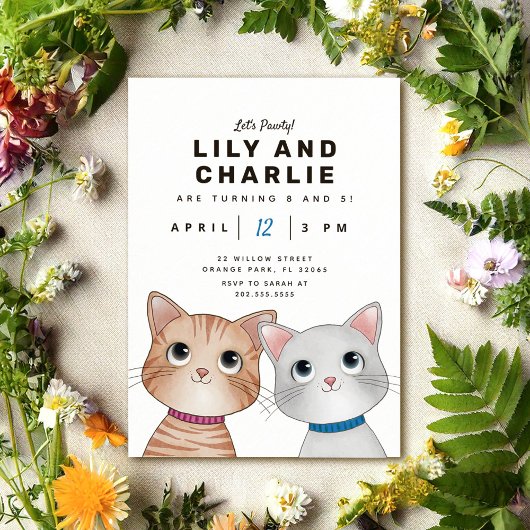 兄弟姉妹デュオバースデーパーティーと2匹の子猫のinvi 招待状