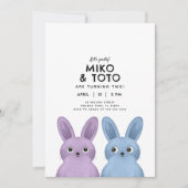 兄弟姉妹デュオバースデーパーティーブルー&パープルバンニー 招待状 (正面)