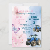 兄弟姉妹バタフライ及びトラクタジョイント誕生日 招待状 (正面)