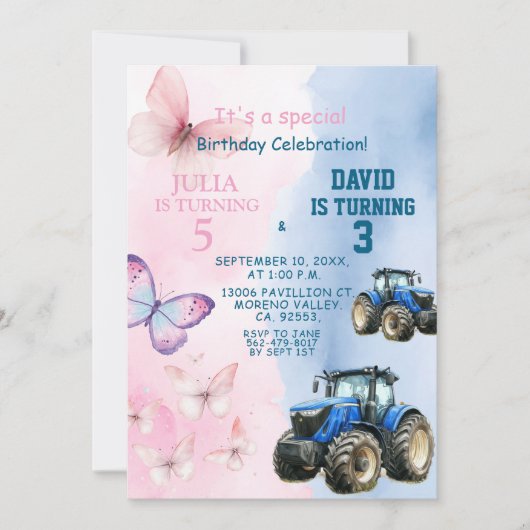 兄弟姉妹バタフライ及びトラクタジョイント誕生日 招待状 (正面)