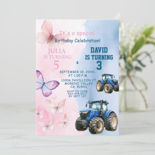 兄弟姉妹バタフライ及びトラクタジョイント誕生日 招待状 (スタンド正面)