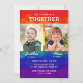 兄弟姉妹フォトカラフルレインボージョイント誕生日 招待状 (正面)