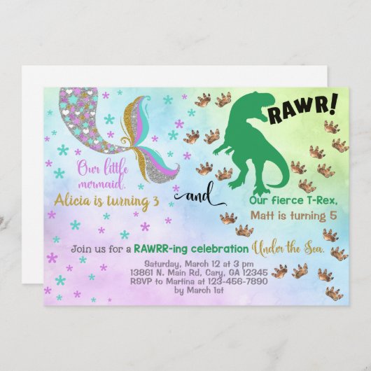 兄弟姉妹マーメイドと恐竜の誕生日招待状。 招待状 (正面/裏面)