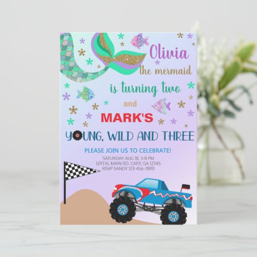 兄弟姉妹マーメイド&モンスタートラック誕生日招待状。 招待状 (スタンド正面)