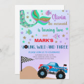 兄弟姉妹マーメイド&モンスタートラック誕生日招待状。 招待状 (正面/裏面)