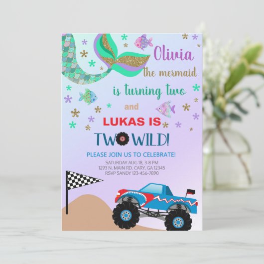 兄弟姉妹マーメイド&モンスタートラック誕生日招待状。 招待状 (スタンド正面)