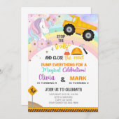 兄弟姉妹ユニコーンとダンプトラックの誕生日招待状。 招待状 (正面/裏面)